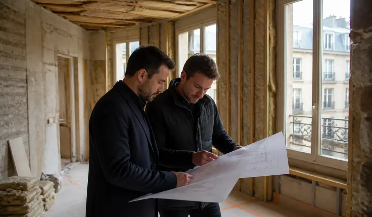 Propriétaire et artisan analysant le chantier d'un investissement immobilier ancien en cours de rénovation énergétique