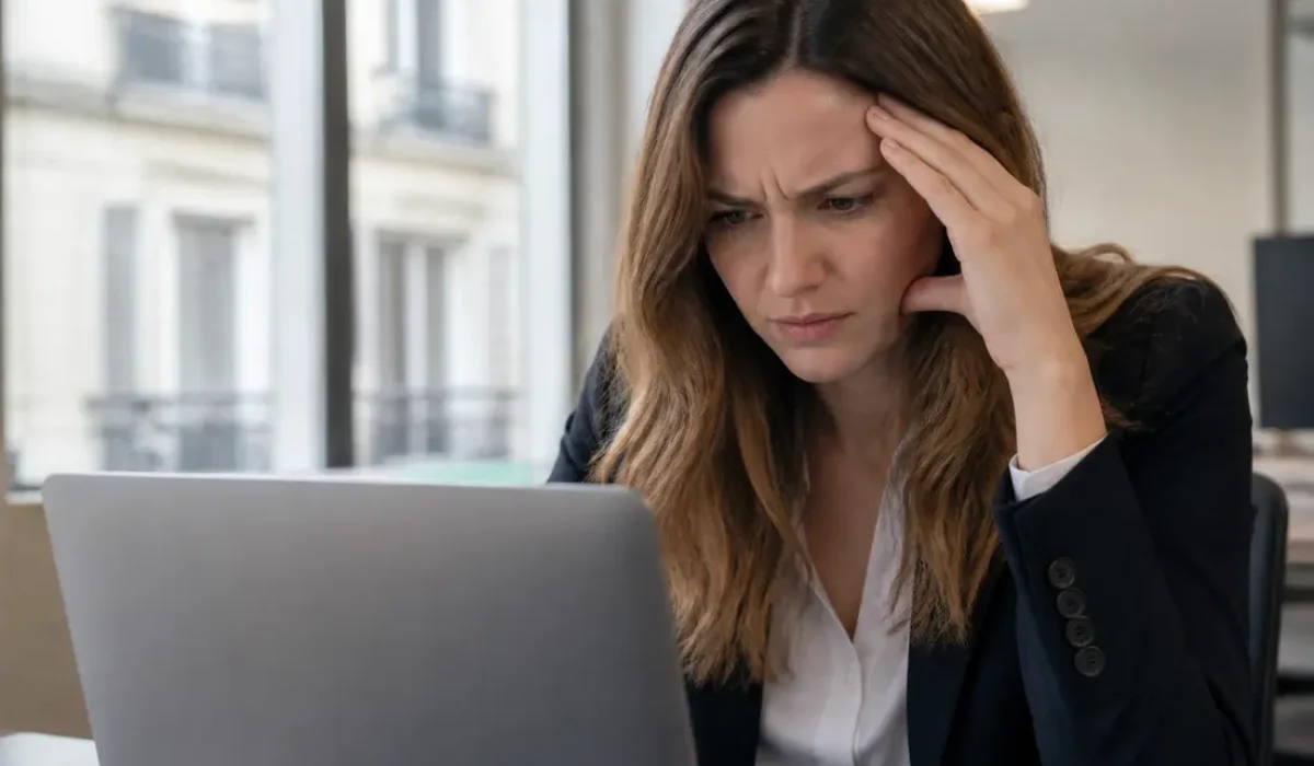 Femme frustrée face à une erreur de lecture vidéo sur son ordinateur portable, le réseau doodstream est en cause.