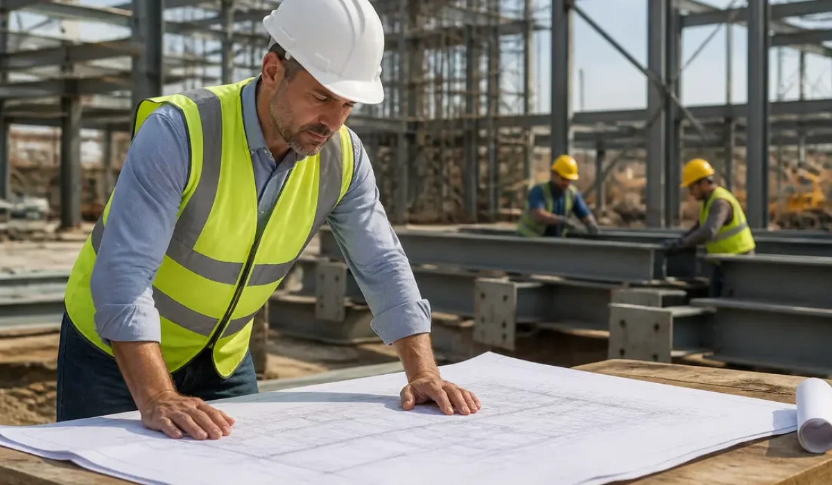 Ingénieur en gilet de sécurité consultant des plans sur un chantier géré par Engineering Consultants Group