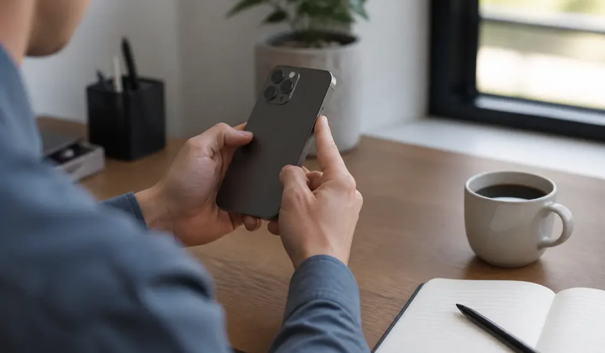 Utilisateur manipulant les boutons latéraux pour éteindre iPhone sans tactile sur un bureau en bois lumineux