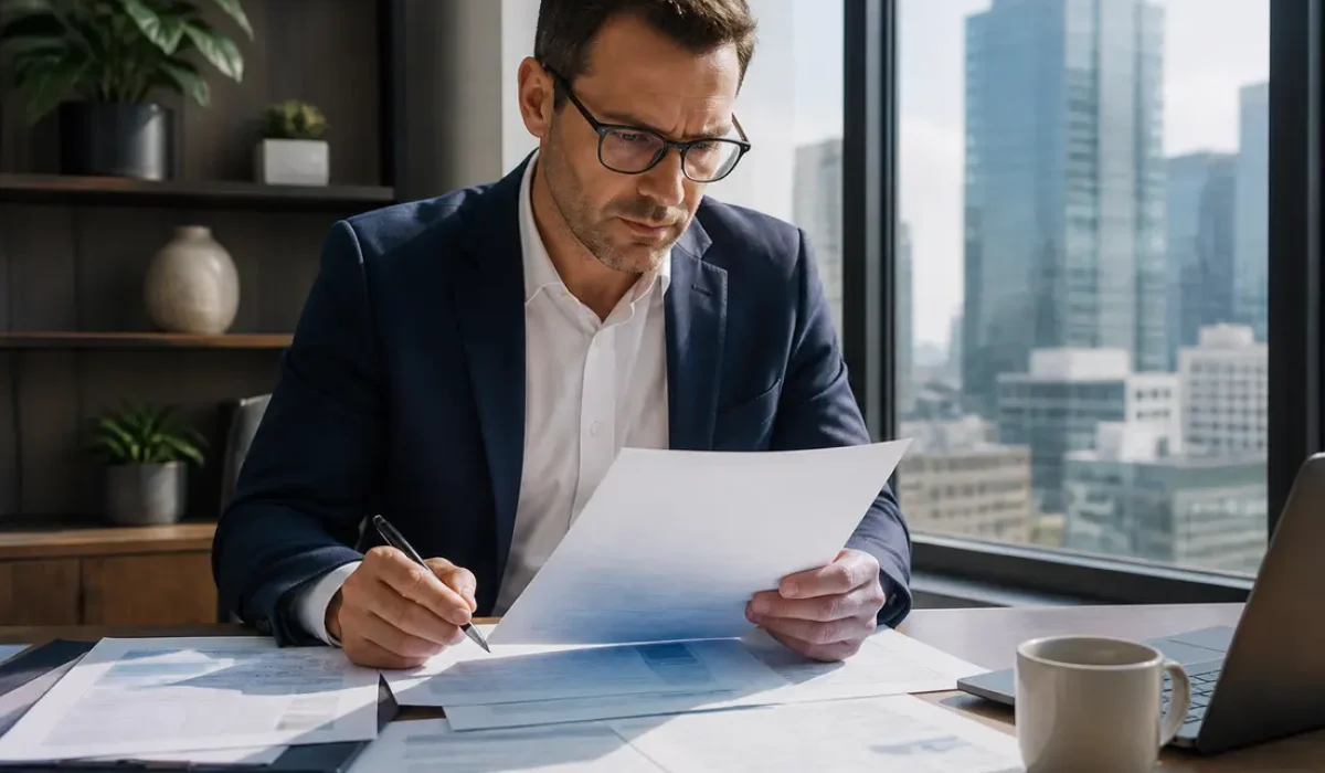 Un entrepreneur analyse des documents financiers complexes pour respecter les conditions Exit Tax France.