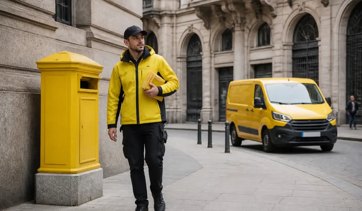Un facteur en uniforme jaune près d'une boîte aux lettres illustre le logo la poste impact image de marque sur le terrain