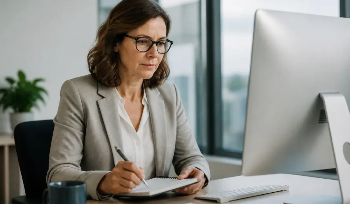 Configuration de la messagerie INRAE par une employée dans un bureau moderne, attentive à son ordinateur.