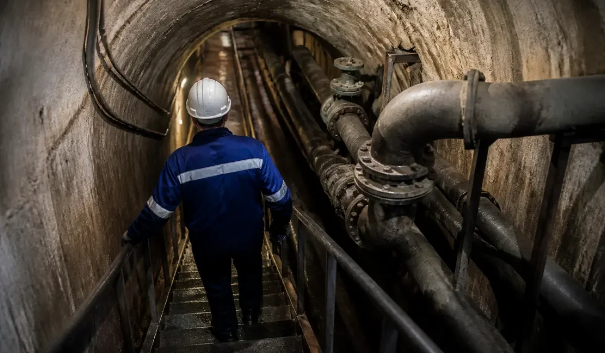 Technicien en salopette inspectant des canalisations dans un tunnel technique sombre illustrant les métiers bien payés personne veut faire