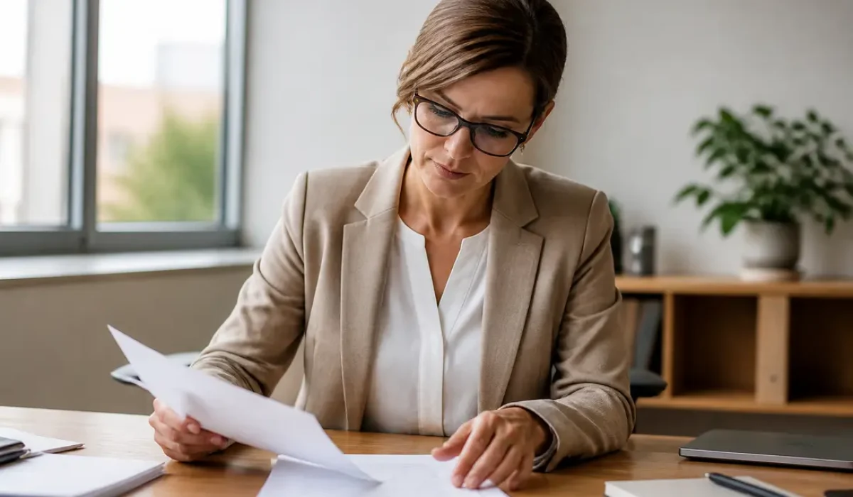 Un professionnel consulte des documents administratifs au bureau avec oneandone webmail accès connexion ionos