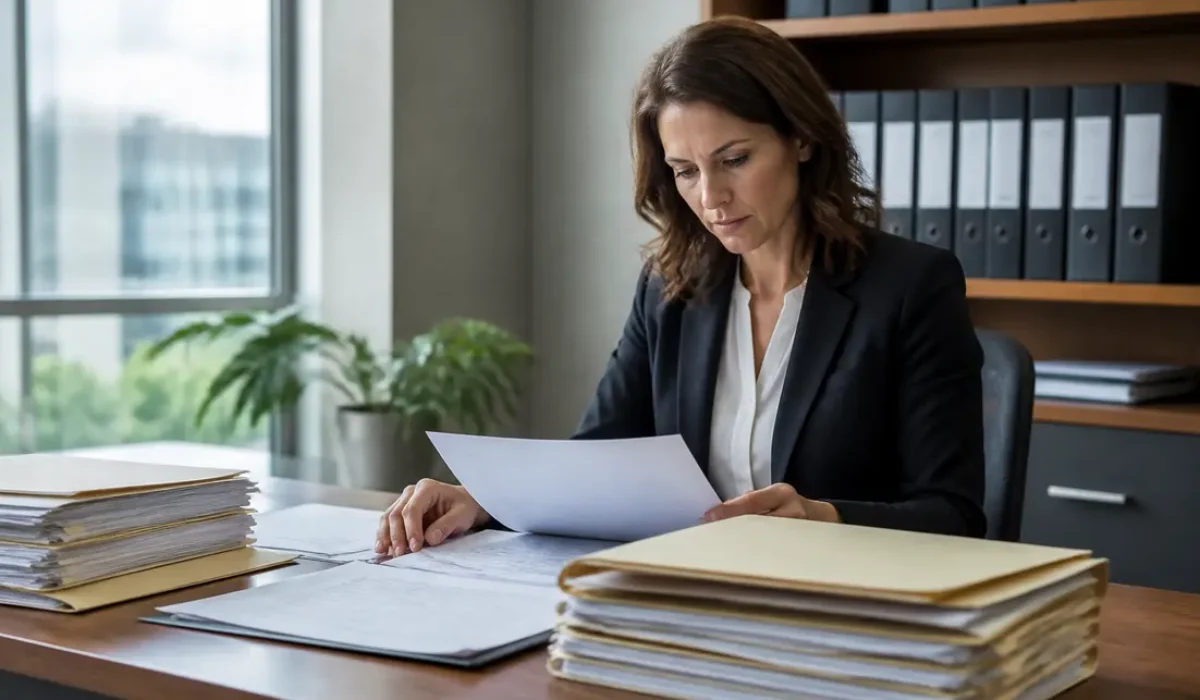 Un gestionnaire de paie examine des documents administratifs pour l'expérience PaiePilote gestion paie dans un bureau lumineux.