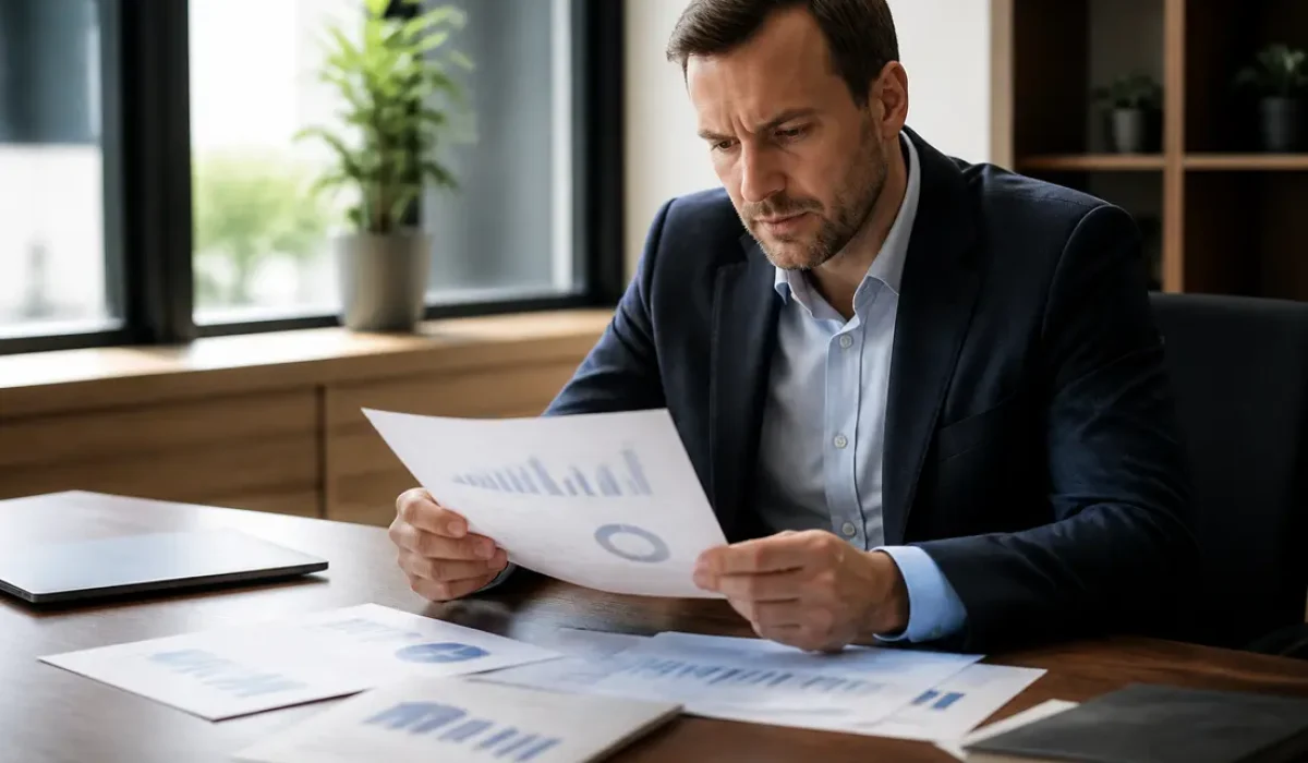 Un professionnel analyse des documents administratifs lors d'une évaluation pCloud stockage cloud au bureau