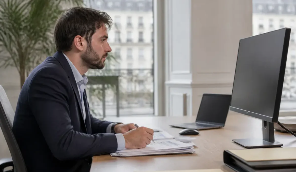 Une femme concentrée sur son travail dans un bureau, gérant des transactions Pennylane.