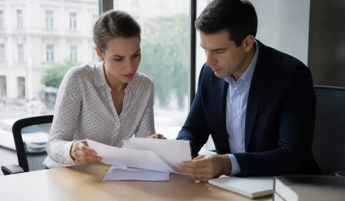 Deux salariés discutent de documents administratifs au bureau pour savoir si l'on peut refuser de travailler pour un repreneur.
