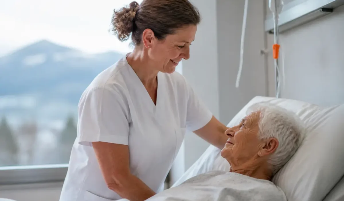 Salaire pour une aide soignante en suisse : soins attentifs dans un environnement hospitalier suisse moderne.