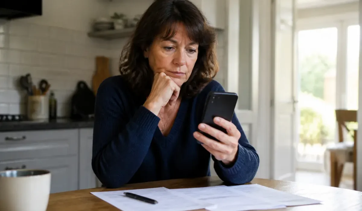 Calcul des frais de résiliation SFR : une femme analyse son contrat mobile à la maison.