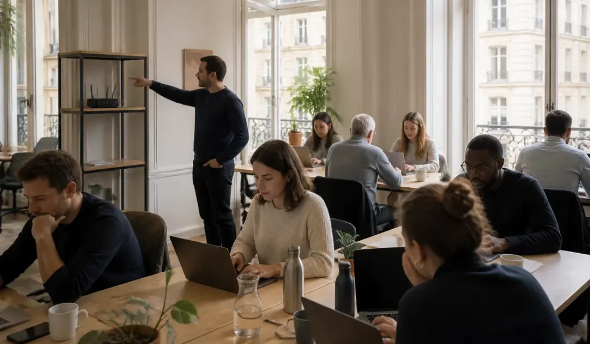 Un employé pointe vers la box internet pour expliquer le nom du réseau Wi-Fi, le ssid c'est quoi.
