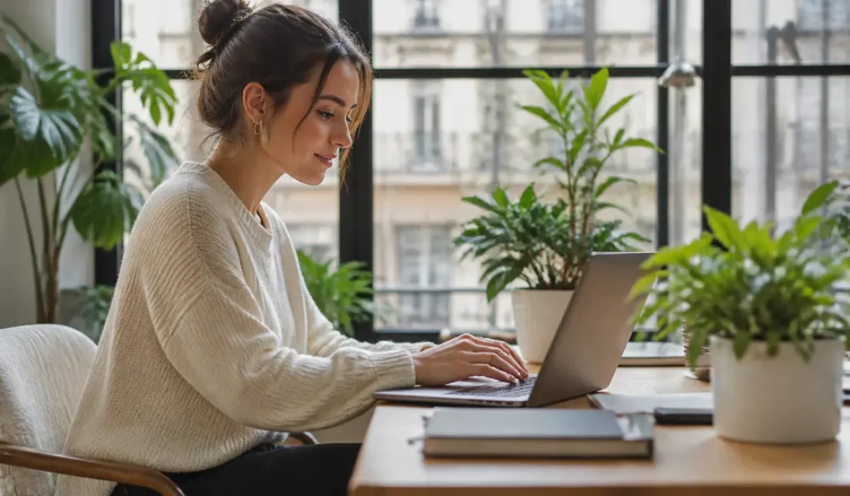Une tiktokeuse française dans un espace de coworking moderne, gérant sa présence en ligne sur son ordinateur portable.