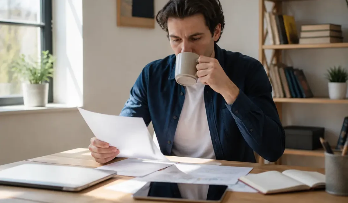 Jeune youtubeur français le plus riche réfléchissant à ses bilans financiers dans son bureau à domicile.